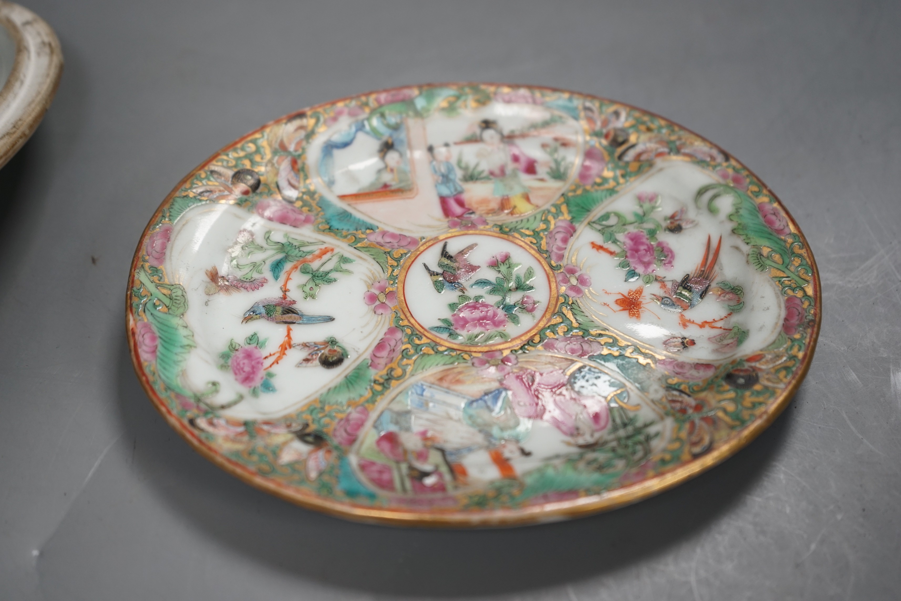 A mid 19th century Chinese famille rose butter dish, cover and stand, dish and cover 9cms high